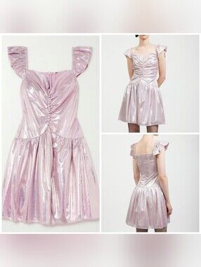 NWOT Batsheva Wendy Ruched Holographic Lamé Mini Dress In Baby Pink